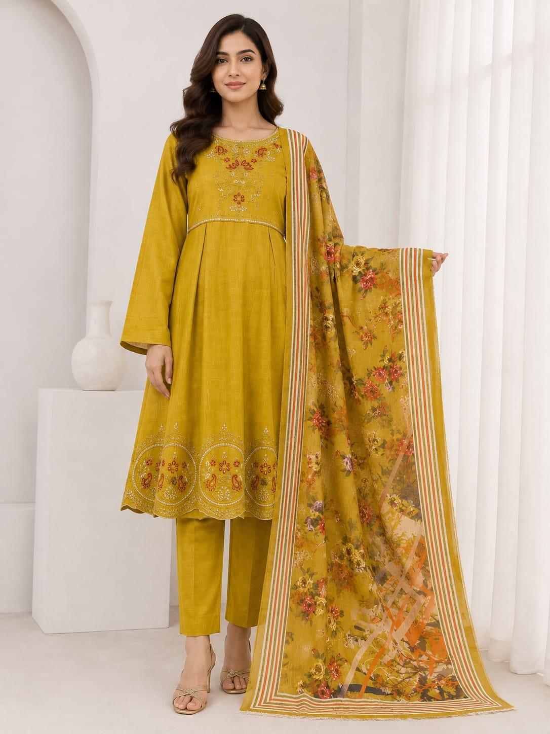 Ladies Mustard Embroidered Lawn Frock Suit with Floral Printed Dupatta – 3-Piece