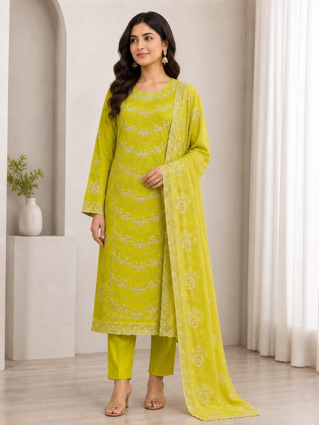 Ladies Lime Green Fancy Embroidered Lawn Suit with Embroidered Dupatta – 3-Piece