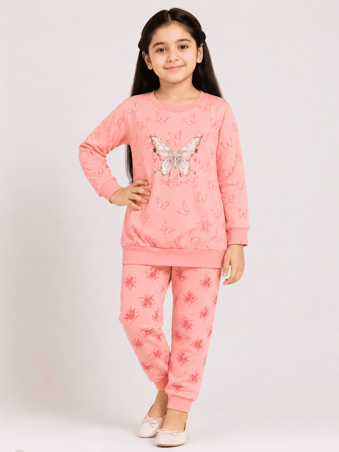 Girls’ Butterfly Print Jersey Shirt & Trouser 2-Piece Suit