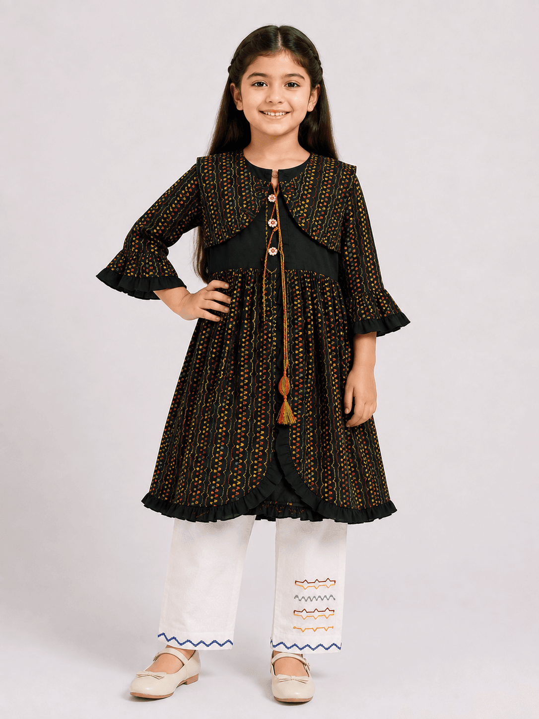 Girls’ Printed Lawn Frock & Embroidered Trouser 2-Piece Suit